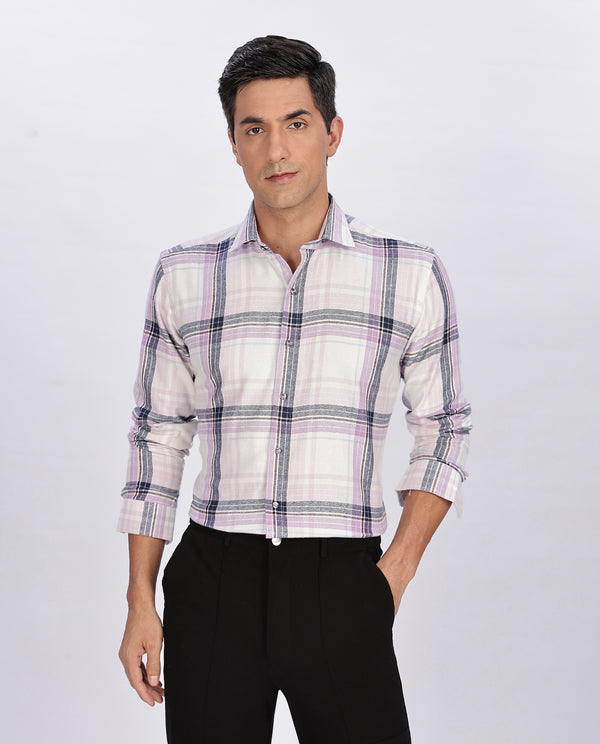 Men's White Brushed Checks Regular Fit Shirt - Merinowear