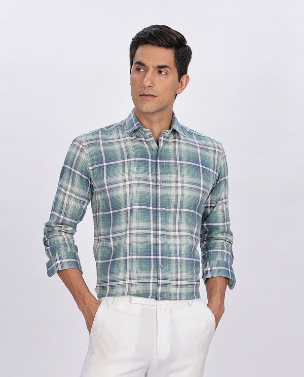 Men's Green Brushed Checks Regular Fit Shirt - Merinowear