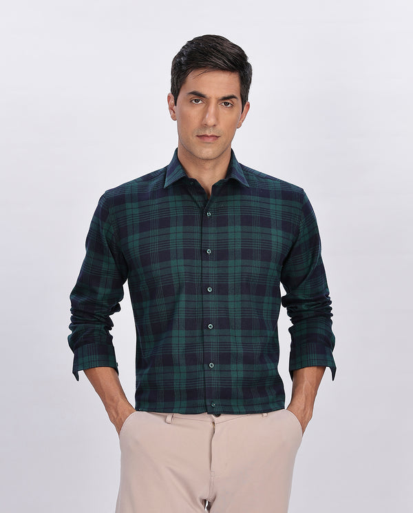 Men's Green Brushed Checks Regular Fit Shirt - Merinowear
