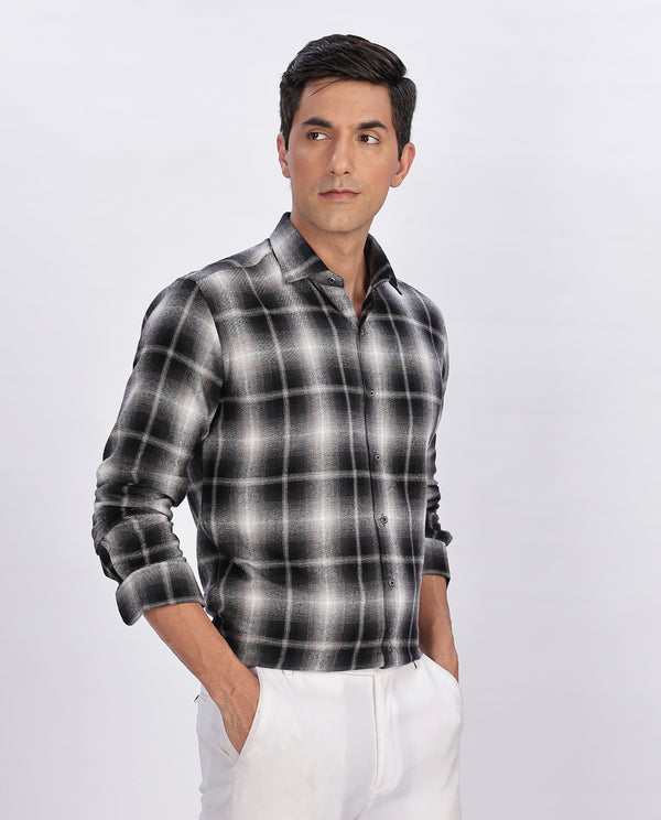 Men's Black Brushed Checks Regular Fit Shirt - Merinowear