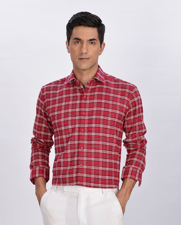 Men's Small Red Brushed Checks Regular Fit Shirt - Merinowear