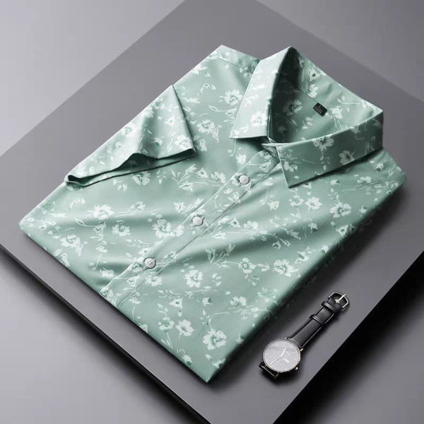 Men's Pista Green Flower Printed Regular Fit Shirt - Merinowear