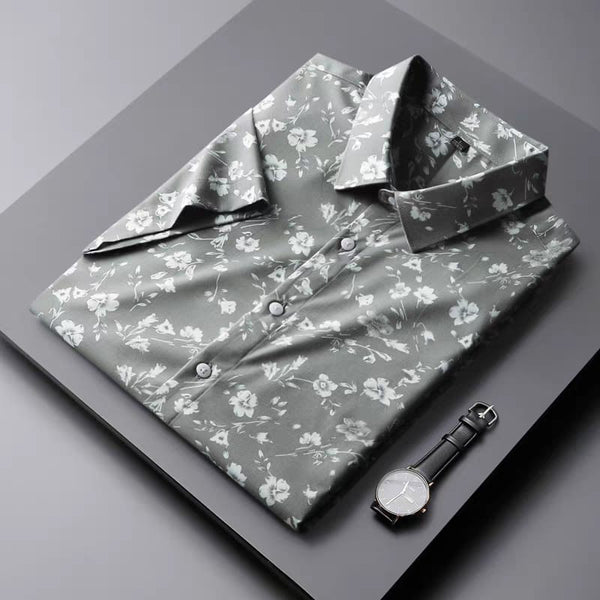 Men's Gray Flower Printed Regular Fit Shirt - Merinowear